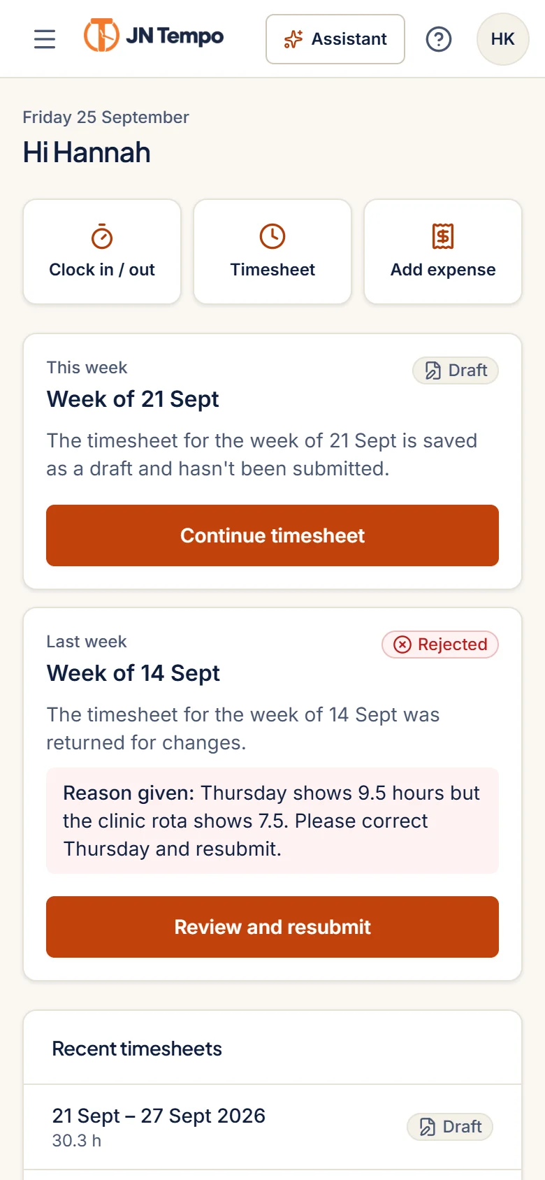 Contractor home screen on a phone showing the current week and a submit button, with sample data.
