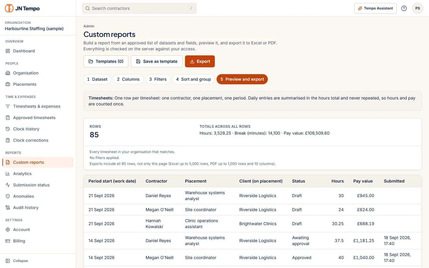 Custom report preview for sample timesheets showing the row definition, totals across all rows and the first rows of the table.
