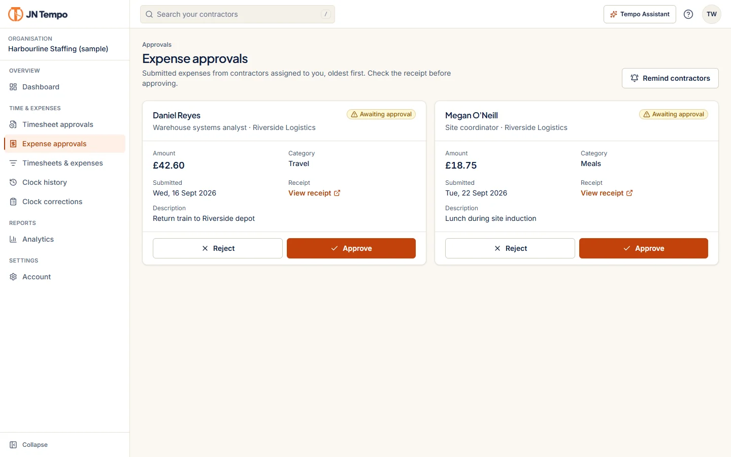 Manager expenses screen with sample claims, amounts, categories and receipt links.