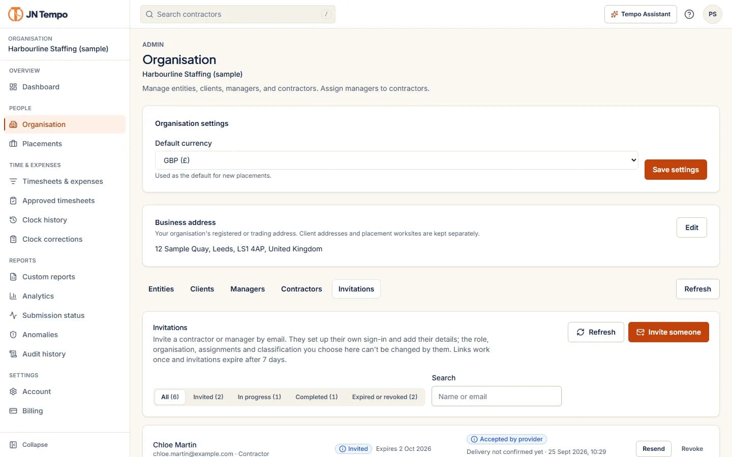 Invitations tab listing sample invitations with their onboarding state, email delivery status and resend and revoke actions.