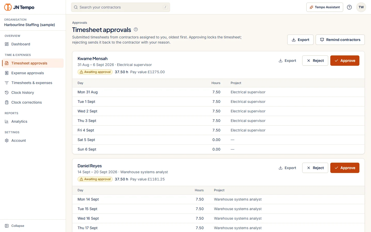 Manager timesheet queue with sample submitted timesheets and approve and reject actions.
