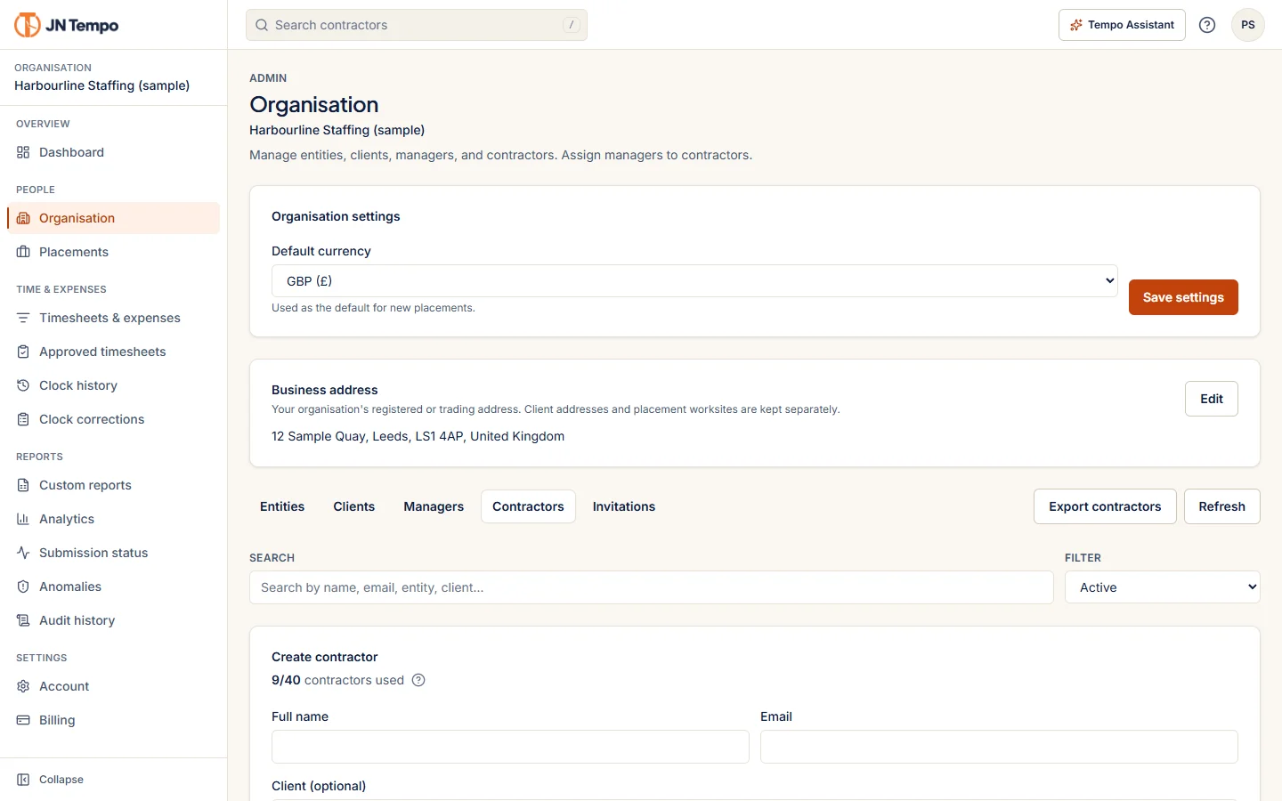 Organisation screen listing sample contractors and managers with their assignments.
