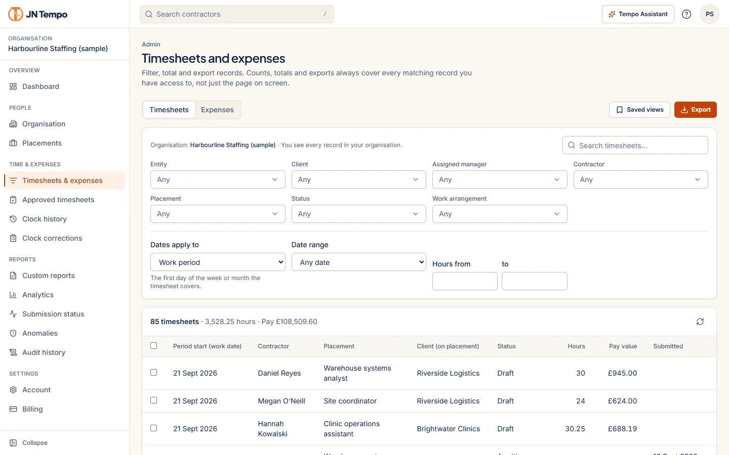 Timesheets and expenses explorer with filters and a table of sample timesheets, with totals for hours and pay.